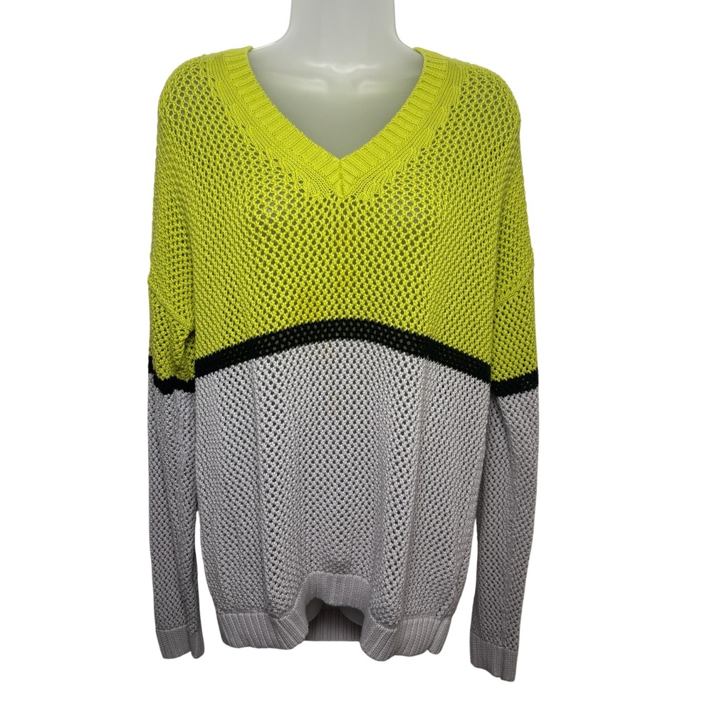 Kokun Neon Yellow Open Knit Mesh Pullover V-Neck Long Sleeve Sweater Womens M‎